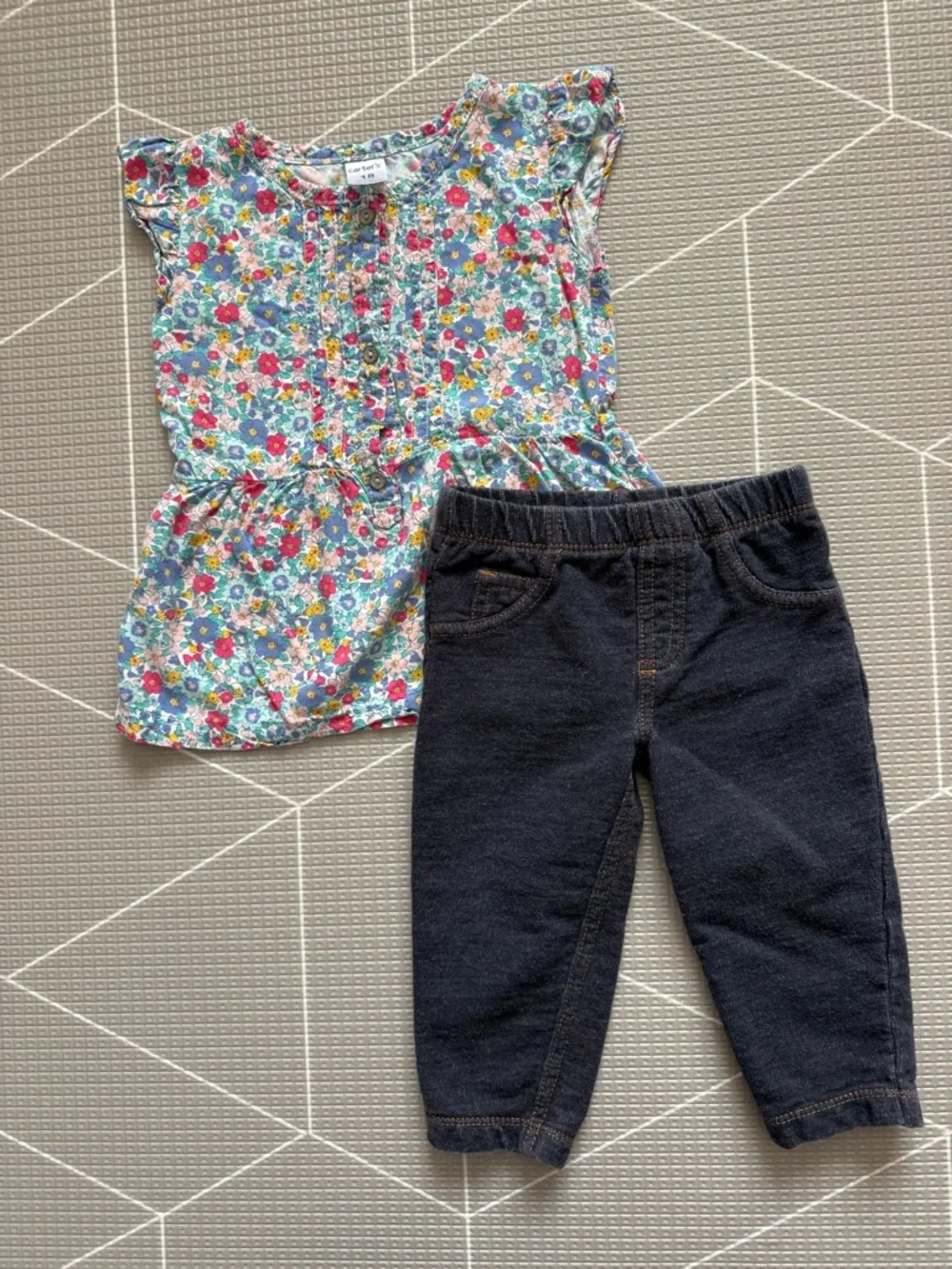Carter's|Baby girl outfit,Floral Ruffle-Sleeve Top & Navy Knit denim pants•BOHO